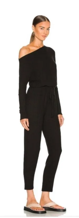 Enza Costa One-Shoulder Draped Knit Peach Jersey Slouchy Jumpsuit Black size M thumbnail 1