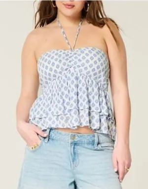 Hollister Tiered Halter Babydoll Tank Top White Blue XL thumbnail 1