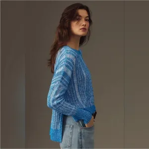 Pilcro Anthropologie Blue Striped‎ Knit Sweater Pullover Casual Lightweight Cropped Top thumbnail 3