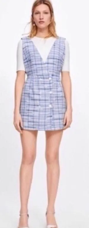 ZARA Blue and White Tweed Plaid Pinafore Mini Dress Medium Double Breasted thumbnail 2