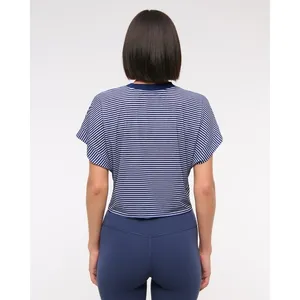 YPB Featherweight Tie-Front Tee Navy Blue Striped Active Crop Top XL thumbnail 6