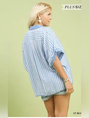 New! Umgee Plus Size Light Blue Striped V-Neck Button Front Top Size 2X thumbnail 5