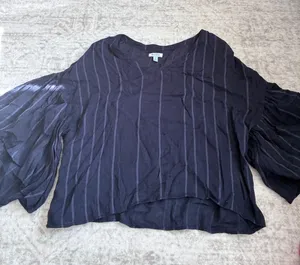 Susina Womens Navy‎ Striped Tiered Bell Sleeve V-Neck Blouse Top Blue Medium thumbnail 1