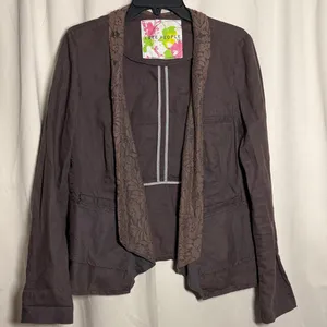 Free People Vintage Brown Lace Lapel Ruffle Linen‎ Blend Peplum Blazer Jacket 10 thumbnail 1