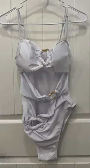 White Cutout One-Piece Swimsuit with Gold Accent thumbnail 1