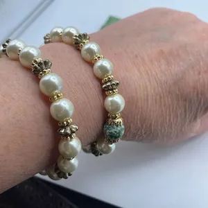 Artisan made set of 2 green zebra Jasper stretchy bracelets thumbnail 1