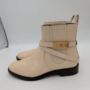 Tory Burch T Hardware Chelsea Boot Cream Leather Buckle Ankle Booties Women's 7M thumbnail 2