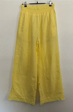 New Yellow Cotton Lace Trim Straight Leg Pants Medium thumbnail 1