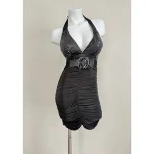 joyce leslie halter bodycon mini dress xxsmall deep-V y2k goth cyber 90s Vintage thumbnail 10