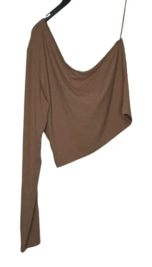 Gianni Bini Women's Top Rib One Shoulder Long Sleeve Stretch Crop Brown XL‎ NWT thumbnail 1