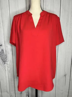 Entro Womens Sz Large Red V-Neck Short Sleeve Blouse Top thumbnail 1
