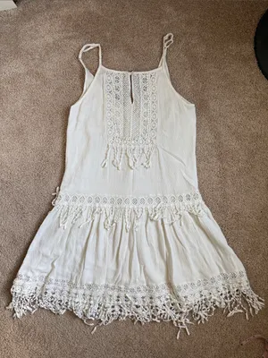 American Eagle Outfitters Tiered Off White Fringe Shift Dress. Size Small thumbnail 1