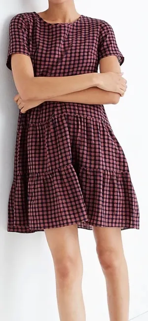 Madewell Short-Sleeve Tiered Mini Dress in Gingham Check thumbnail 1