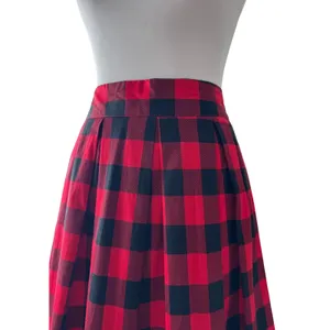 Red & Black Checker Print Pleated A-Line Midi Skirt thumbnail 6