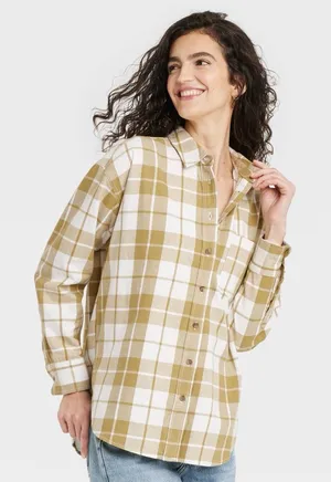 Universal Threads Mustard and White Plaid Button-Up Shirt thumbnail 1
