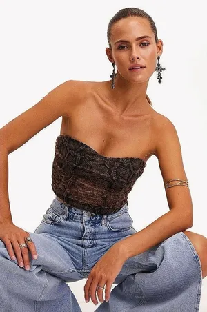 Zara Brown Snake Animal Print Sweetheart Strapless Mesh Tube Crop Top Size XS thumbnail 1