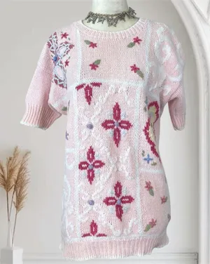 Vintage Light Blush Pink Boho Coquette Knitted Knit Shortsleeve Sweater Top M thumbnail 1