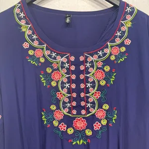 Ashir Aley Blue Embroidered Floral Boho Flowy Short Sleeve Top Size Large thumbnail 4