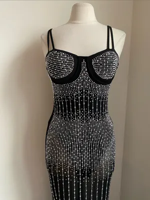 Rhinestone Stretch Black Sheer Midi Dress Built in Bodysuit Womens Sz Large thumbnail 4