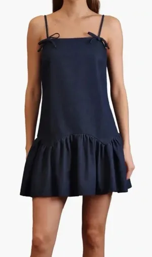 Avec Les Filles Denim Bow Shoulder Ruffle-Hem Baby Doll Mini Dress Size S thumbnail 1