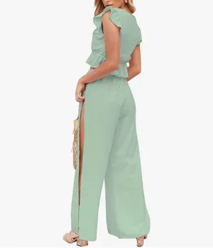 Vneck Ruffle Crop Top and Wide Leg Pants Green Size L thumbnail 2