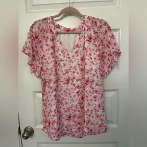 Pink Floral Short Sleeved V Neck Blouse Size L thumbnail 8