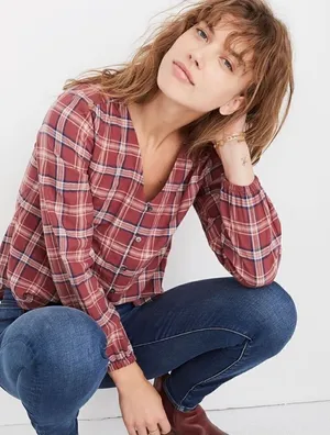 ✨ Madewell‎ V-Neck Button-Down Shirt in Stratfield Plaid Pink Small thumbnail 1
