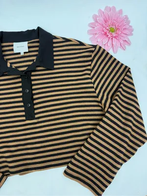Reformation Anna Rugby Shirt Black And Tan Stripe Extra Large Crop Polo Sporty thumbnail 8