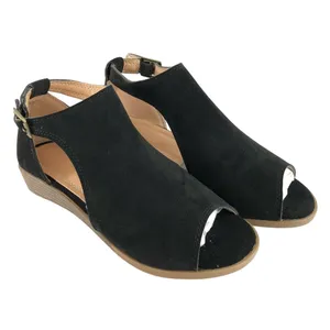 Womens Low Wedge Heel Shoes Faux Suede Peep Toe Buckle Black Size 36 US 5 thumbnail 1