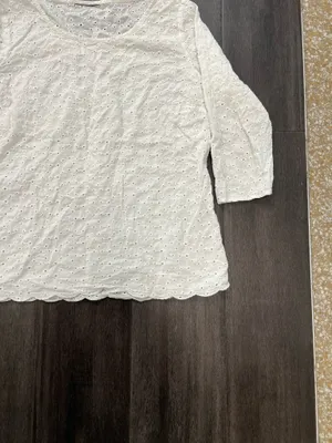 Lightweight white eyelet top with a scoop neckline and three-quarter sleeves thumbnail 3
