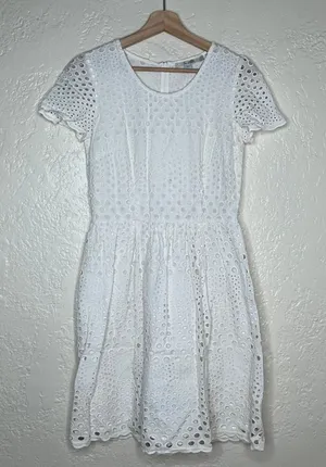 Boden White Eyelet Cotton Lace‎ Short Sleeve Fit Flare Dress WH541 Womens US 4R thumbnail 1