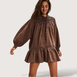 Free People Bohemian Marty Smocked Mini Dress Brown Bear Sweatshirt Tunic Medium thumbnail 9