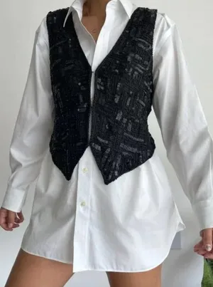 Vintage Silk Beaded Sequin Waistcoat Vest Black thumbnail 1