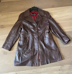 Great Things Vintage Chocolate Brown Genuine Leather Long Coat Jacket Size Large thumbnail 1