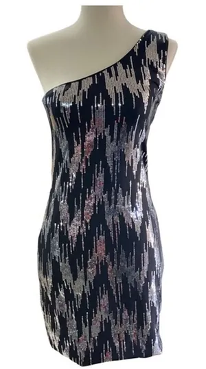 Charlotte Russe Womens Dress Sz S One Shoulder Black and Silver‎ Sequin Mini thumbnail 1