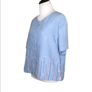Vintage Bechamel Blue Linen Buttons Embroidery Shirt Medium Top thumbnail 5