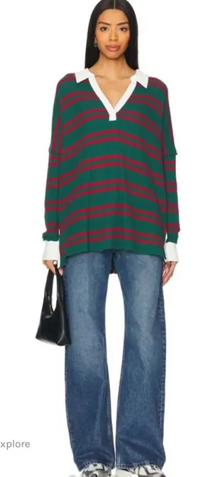 Free People Travis Polo Tee Striped Forest NWT Small thumbnail 1