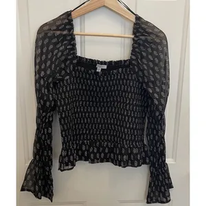 Patrons of Peace Womens L Cropped‎ Black Paisley Smocked Sheer Puff Long Sleeve thumbnail 3
