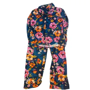Room Service Womens Navy Floral Pajama Set Long Sleeve Button Down Small thumbnail 2