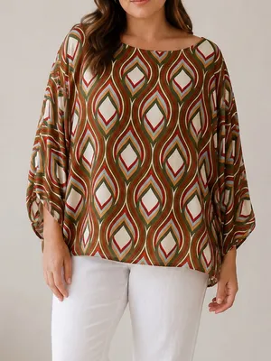Bryn Walker Mod Geo Print Oversized Dolman Sleeve Bohemian Art Tunic Top thumbnail 1