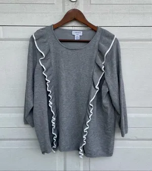 Carmen Marc Valvo Sweater Gray Grey White Ruffle Plus Size 2X thumbnail 2