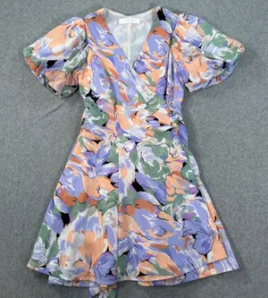 ASTR the Label Puff Sleeve Wrap Dress Women's X-Small V-Neck Purple Floral thumbnail 1