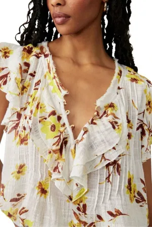 Free People White Floral Ruffle V-Neck Top with Yellow and Brown Print thumbnail 1