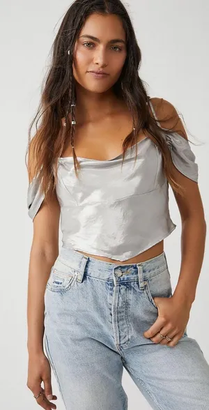 Free People Silver Satin Off-the-Shoulder Top thumbnail 1