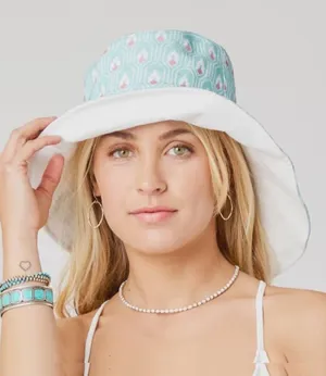 Carve Designs NWT Reversible Bucket Hat in Cinema Cloud Aqua Pattern and White thumbnail 1