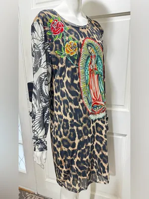Ed Hardy Cheetah Print Mesh Bodycon Womens 2X Tattoo Logo Y2K 90s Sheer Dress thumbnail 5
