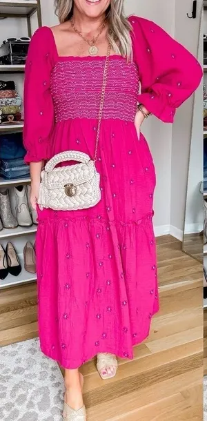 Amazon FP maxi dress embroidered dahlia puff sleeves smock floral magenta midi thumbnail 1