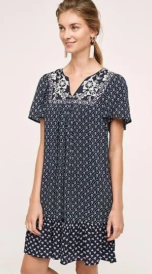 Anthropologie ONE SEPTEMBER Alpina Tunic Dress Embroidered Floral Ruffle X-Small thumbnail 1
