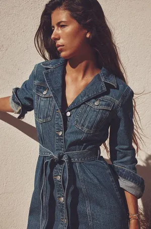 denim jean dress midi button up long sleeve waist tie thumbnail 1