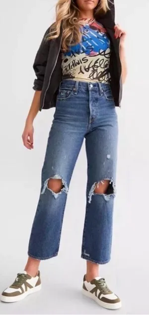 Levis Ribcage Straight Ankle Jean Super High Rise Distressed Blue 28 ×‎ 27 Edgy thumbnail 1